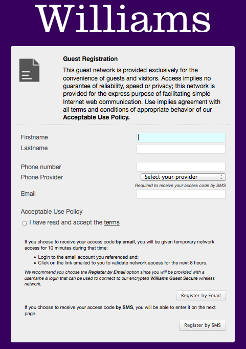 Williams Guest Wireless registration page