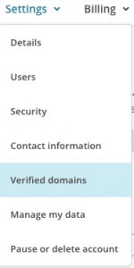 Mailchimp settings menu for verified domains